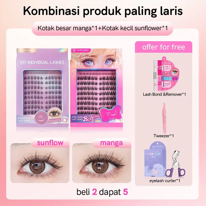 【BELI 1 DAPAT 5 】MLEN DIARY Bulu Mata Set Kombinasi Bulu Mata Terlaris, Paket Hadiah Diskon, Sunflower,Baby Comic,3IN1Bulu Mata lash bond dan remover+penjepit bulu mata 3