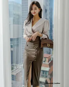 Rok Kulit PU Midi Wanita Korean Style Model Kancing Depan Menyilang Musim Dingin Musim Semi Rok Korea Terbaru Best Seller By Hikmahid_Leather