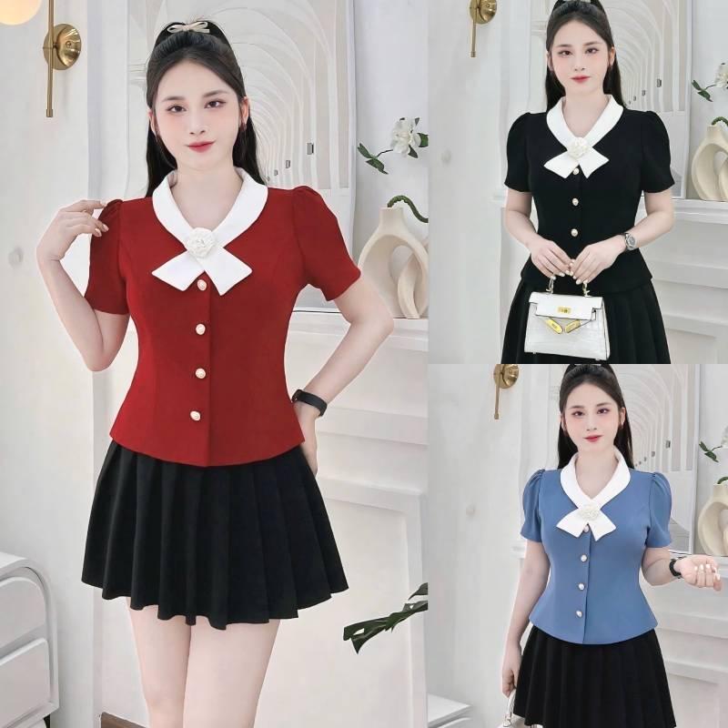 Áo Peplum A102 Thiết Kế Cổ Bẻ Trắng phối hoa Tay Cộc Siêu Xinh Không kèm Quần hoặc CV