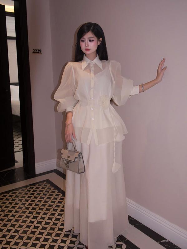 [Đọc kĩ phân loại] Áo babydoll Tay Bồng cổ bèo và chân váy Vải Voan mùa thu S109 cho Phong Cách Sang Trọng Size S/M Chất Liệu Mềm Mại Thoáng Mát