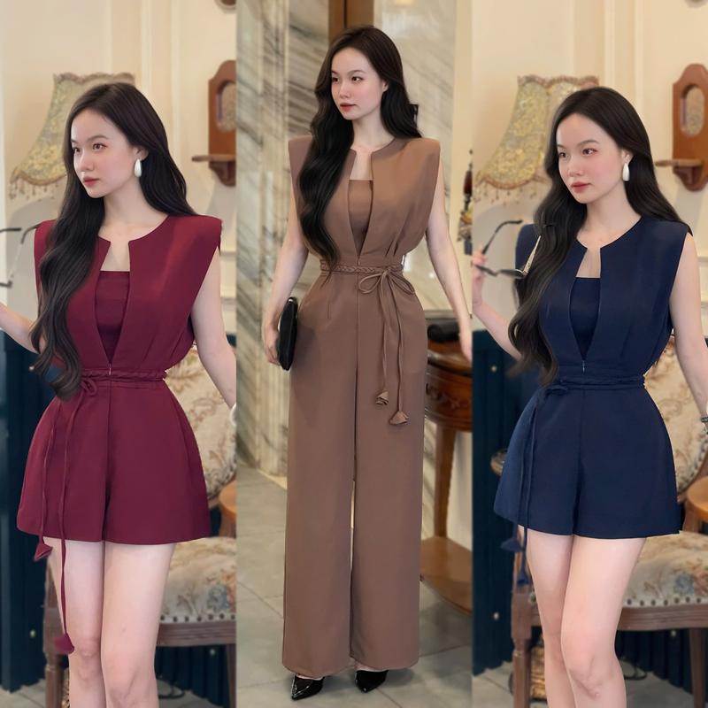 [Kèm dây hoa & áo bra ] Jumpsuit thiết kế EMME T3217 khóa kéo trước có đệm vai dáng ngắn/ dáng dài có túi cách điệu top vest ngắn công sở  VD - THANH TỰ