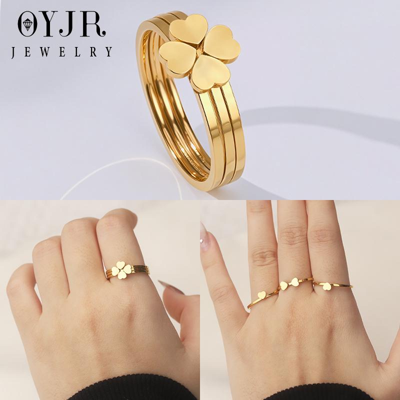 OYJR Nhẫn titan không gỉ Chống Trầy nữ, Nhẫn Bộ 3 Chiếc Hình Trái Tim Thiết Kế 4 Lá