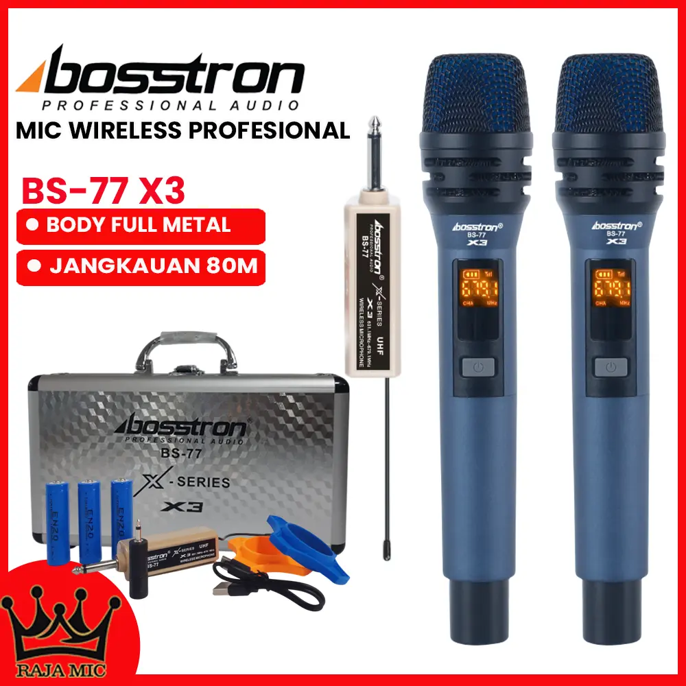 Bosstron Mic Wireless Karaoke BS-77 X3 Microphone Tanpa Kabel Mikropon  Body Besi Case Koper