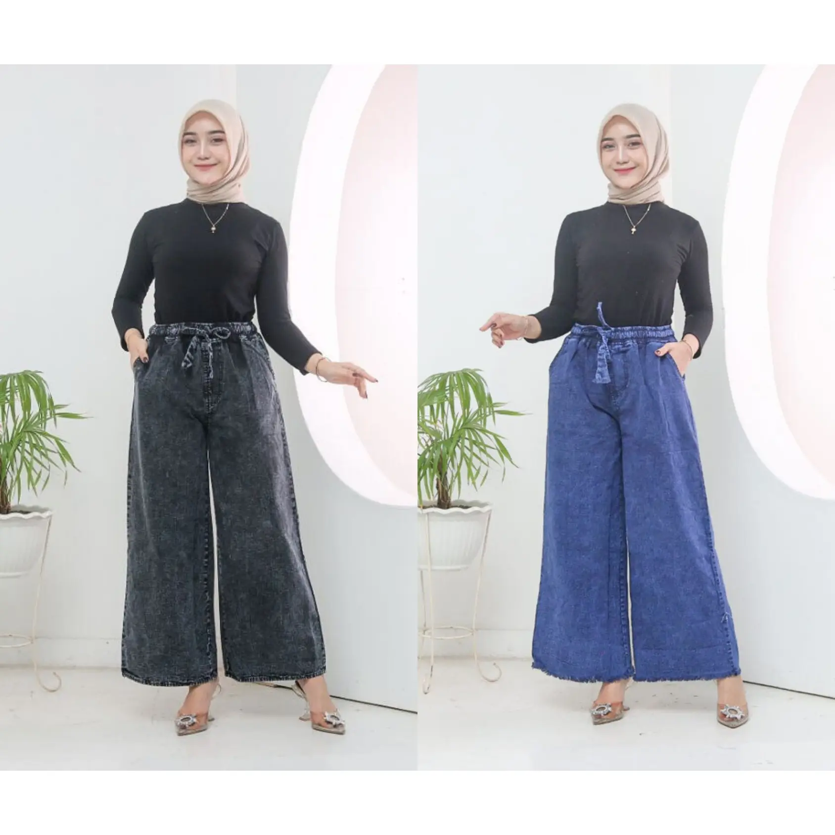 Celana Panjang Wanita Jeans Super Jumbo Pinggang Karet Tali serut Kulot Snow