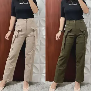 Olivia – Celana Cullote Cargo Panjang Strech Katun Twill / Kulot Cargo Wanita Highwaist Kekinian Dengan 4 Saku - Loose Cewek Dewasa Karet Tebal Basic Stretch
