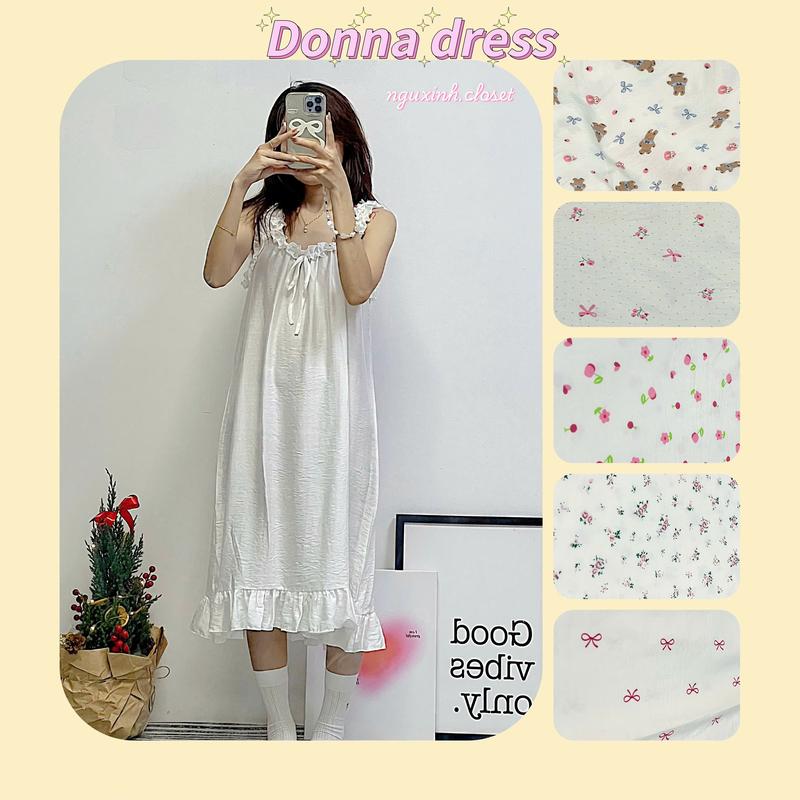 Donna Dress | Váy ngủ Đầm ngủ tiểu thư nhún bèo hoạ tiết dễ thương freesize có thể mặc bầu | Ngủ Xinh Closet đũi xốp đồ