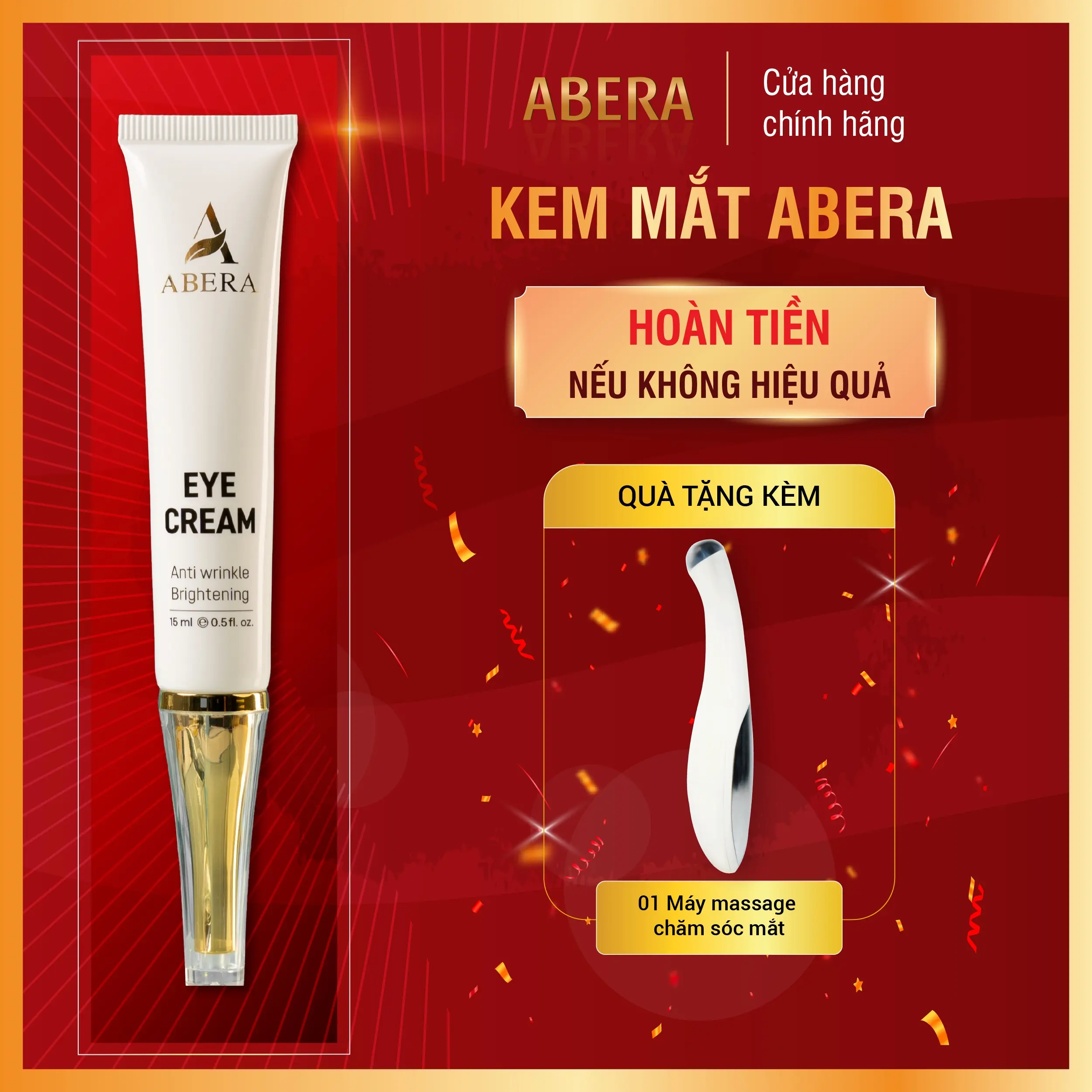 Kem Mắt Abera 15ml - Hỗ Trợ Giảm Quầng Thâm Mắt Và Nếp Nhăn Mắt - Tặng Kèm 01 Máy Massage Mắt Tự Động