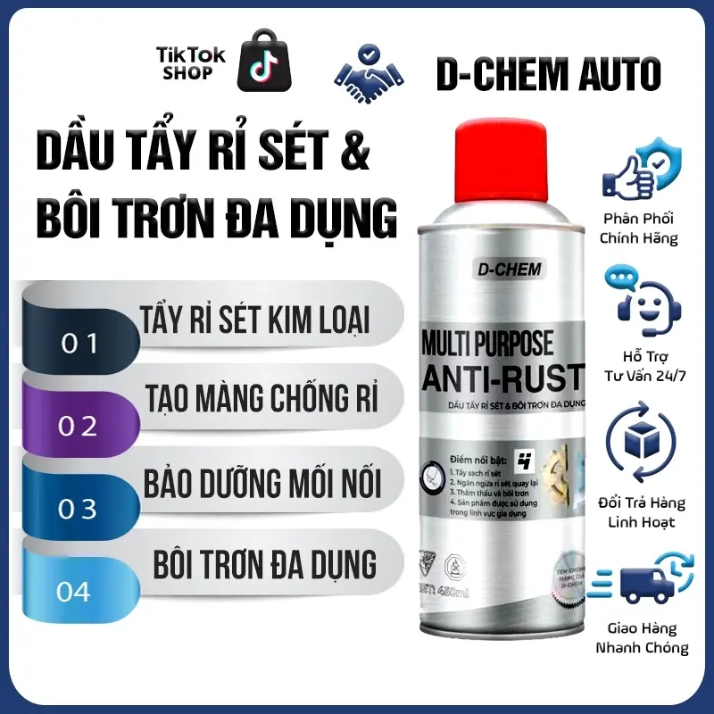 Dầu Tẩy Rỉ Sét Và Bôi Trơn Đa Dụng D-Chem Anti Rust 450ml-380g Bảo Dưỡng Xe Cộ Mối Nối Kim Loại