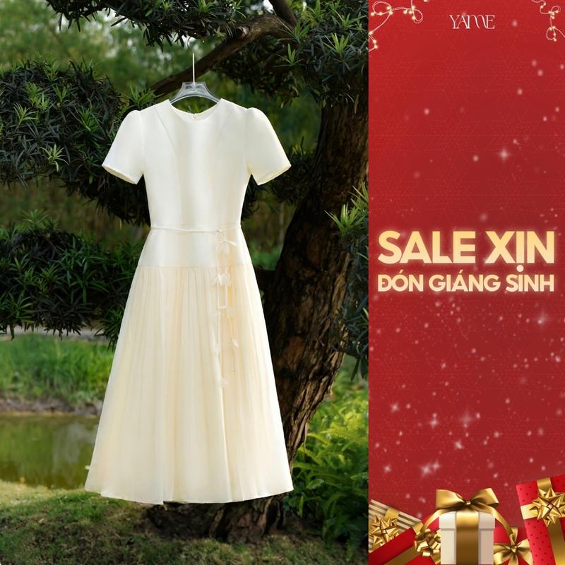 Váy Nữ Dáng Xòe YAME Ngắn Tay Vải Chéo Phối Tơ Cổ Tròn Kèm Dây Đai Hoa YV715