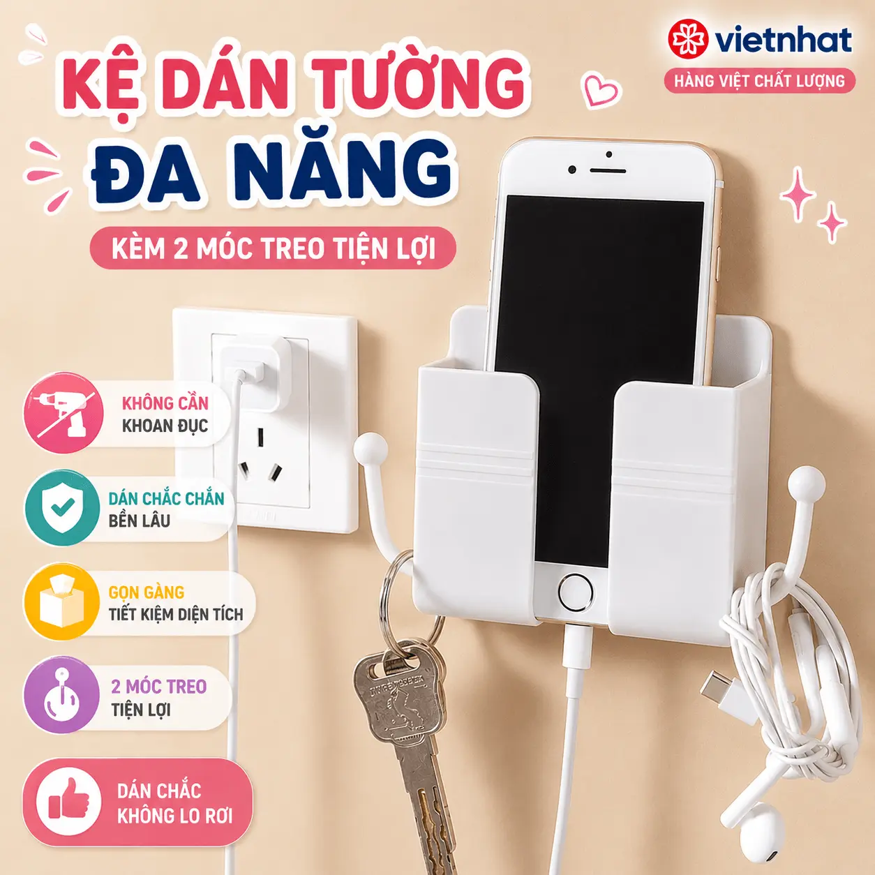 [ Hỏa Tốc HCM ] Combo 2 - 4 Giá Đỡ Điện Thoại Remote Dán Tường Việt Nhật Màu Trắng / Nâu Có 2 Móc Treo Đồ