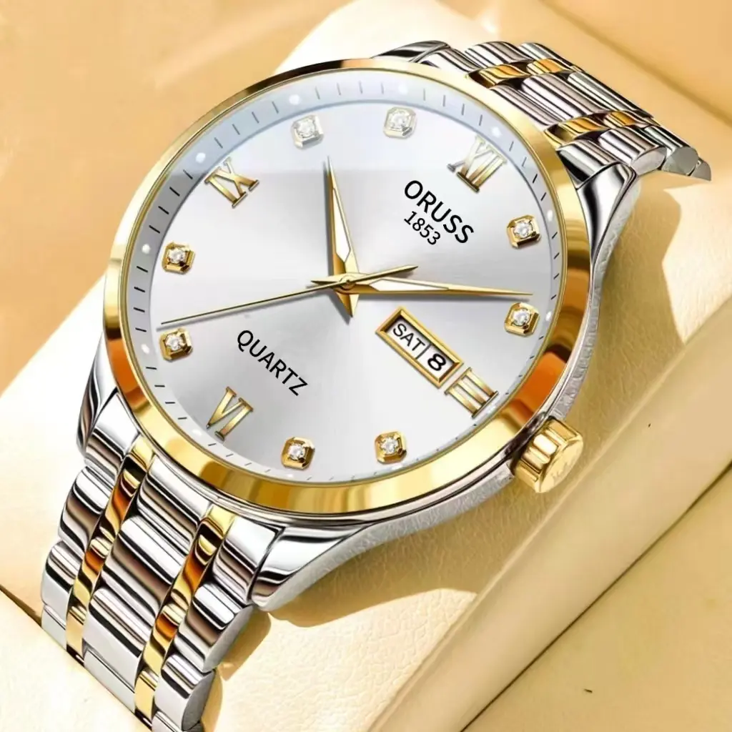 ORUSS Original Men/Women Stainless Steel Dual Calendar Waterproof Luminous Luxury Watch Fashion Pointer Gold Korean Version Quartz Automatic Analog Wrist Watch For Men