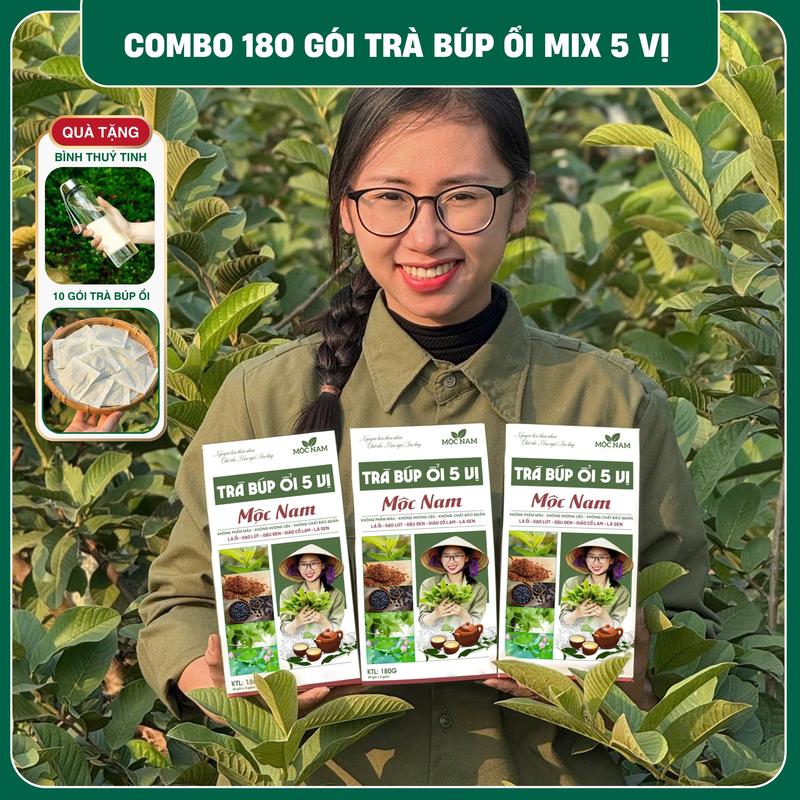 180 Túi Lọc Trà Ngọn Ổi Non Mix 5 Vị Thảo Mộc - Dùng 3,4 Tháng - Gạo Lứt Đậu Đen Lá Sen Giao Cổ Lam - Tặng bình nước pha trà + thêm 10 gói trà búp ổi