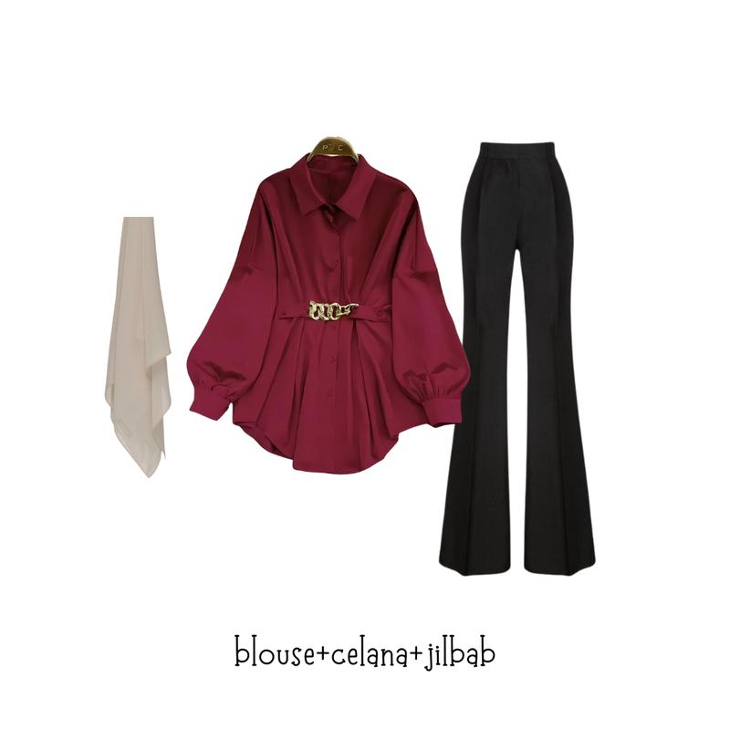 oneset 3in1 blouse maroon celana cutbray highwaist jilbab bella | perempuan wanita cewek ootd hijab casual hangout pantai piknik kuliah korean style HK90 MURAH 2