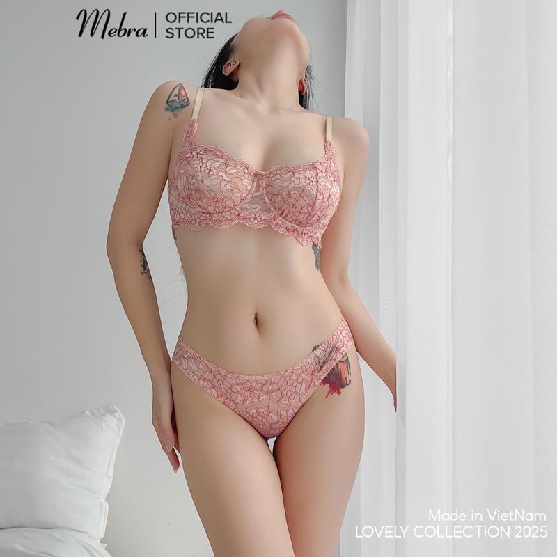 Bộ đồ lót ren hồng Mebra gợi cảm áo nửa quả mix ren quần lót cánh tiên