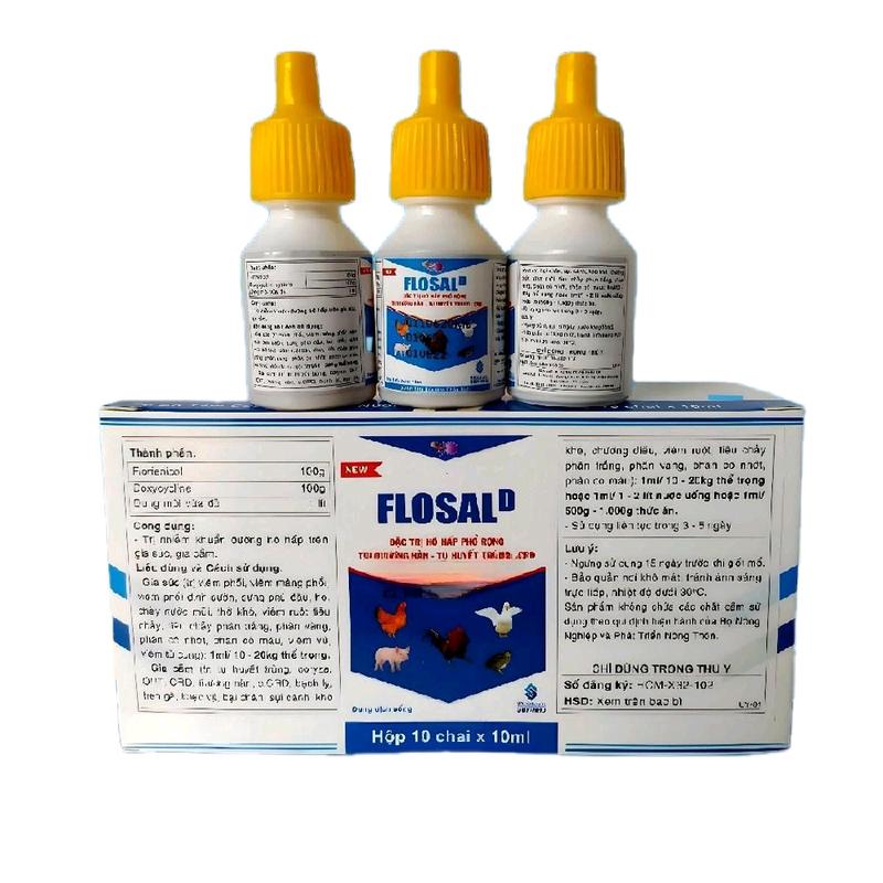 FLOSAL D HỘP gồm 10 lọ 10ml dùng cho gà chọi uống khi bị hen khẹc khò khè phân xanh phân trắng trị thuoc ga kho khe mui