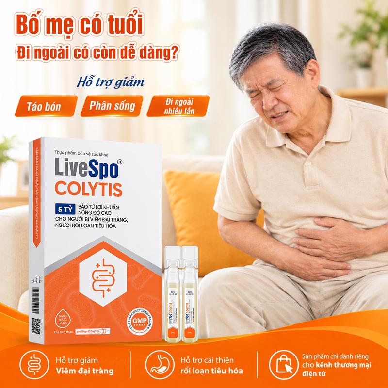 LiveSpo COLYTIS - 5 Tỷ Bào Tử Lợi Khuẩn Nồng Độ Cao - Dùng Cho Người Viêm Đại Tràng, Rối Loạn Tiêu Hóa - Hỗ Trợ Giảm Táo Bón, Phân Sống, Đi Ngoài Nhiều Lần - Hộp 10 Ống x 5ml