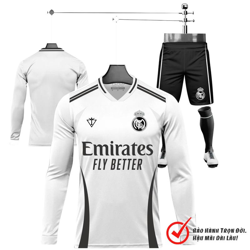  Quần Áo Bóng đá TAY DÀI - REAL MADRID TRẮNG D5 đồ thể thao nam áo bóng đá tay dài vải thun co giản thoáng mát. Top mẫu mới Eros Sport Eros Sport 
