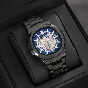 [NEW] RONMAR Jam Tangan Pria Automatic Skeleton Matte Black & Matte Silver Stainless Steel Dial Biru Tampilan Elegan & Modern