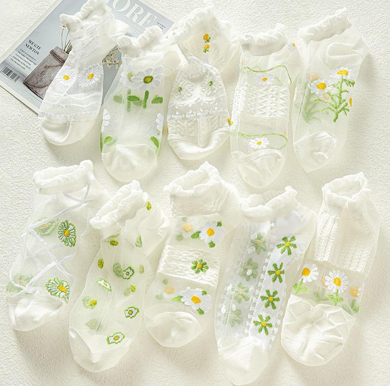 Product Introduction of Tất Lụa Pha Lê Mùa Hè, 5 Đôi, Siêu Mỏng, Trong Suốt, Tất Ngắn Ren Cho Bé Gái, Thời Trang, Hoa Cúc Tươi, Tất Thuyền Vô Hình 4