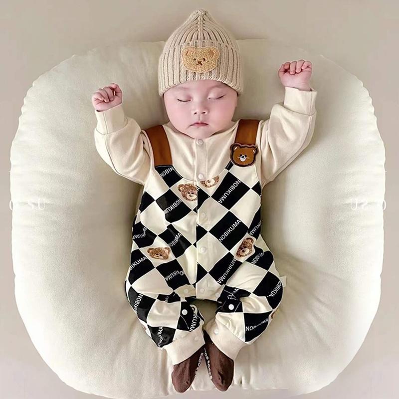 Áo Liền Quần Dài Tay Cho Em Bé Trai Và Bé Gái, Bộ Sưu Tập Mới Mùa Xuân Và Mùa Thu, Chất Liệu Cotton Nguyên Chất, Thiết Kế Hoạt Hình Gấu Nhỏ Kẻ Caro, Thích Hợp Cho Trẻ Sơ Sinh 0-36 Tháng, Áo Khoác Ngoài Siêu Đẹp Trai, Loại A