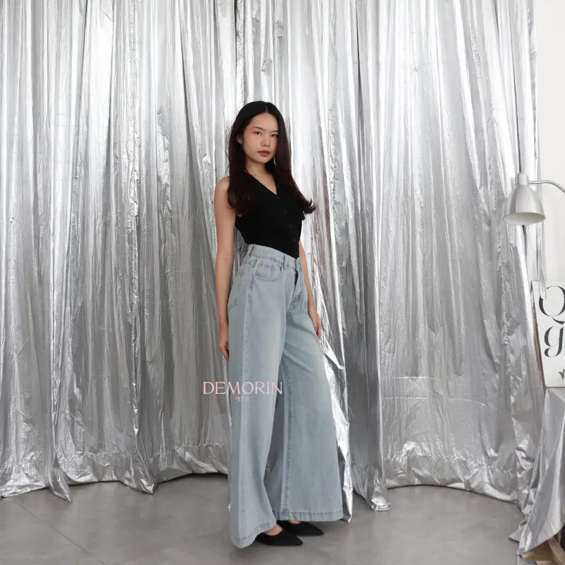 X9261 | Celana Panjang Jeans Cewek High Waist Wanita Wide Leg Palazzo Washed Blue Korean Trousers DEMORIN 6