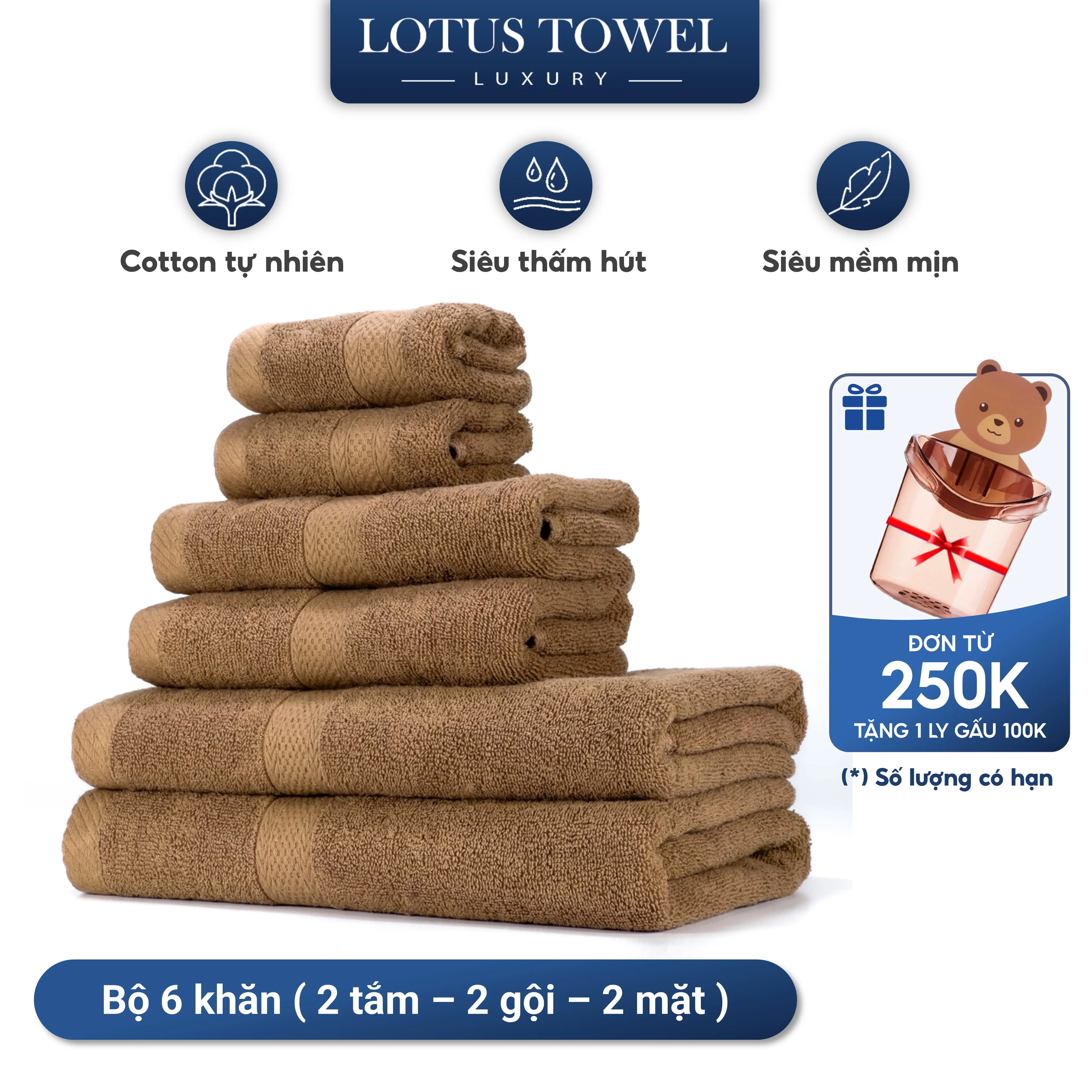 Bộ 6 Khăn (2 Tắm, 2 Gội, 2 Lau Mặt) Lotustowel Làm Từ Sợi Cotton Cao Cấp Mềm Mịn, Thấm Hút, Không Ra Màu Dùng Cho Nhà Tắm Khăn Tắm