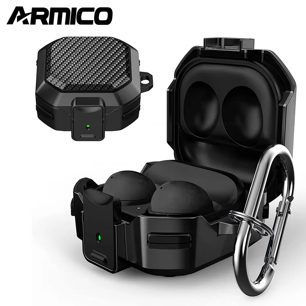 Ốp Lưng Samsung Galaxy Buds 2 Pro / Buds Pro / Buds Live / Buds 2, ARMICO, Họa Tiết Sợi Carbon Quân đội, Có Khóa Chống Sốc, Tương Thích Với Galaxy Buds FE (Phát Hành 2023, Ốp Có Dây Xích Chìa Khóa Và Khóa Kéo, Chỉ Ốp)