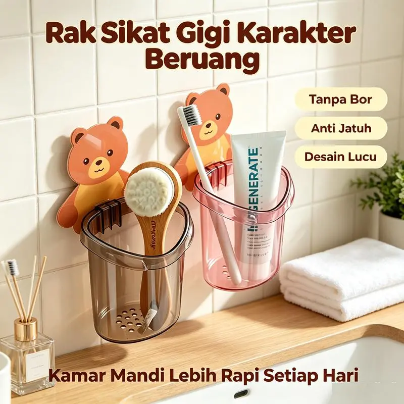 Tempat Gelas Gantung Dinding Bahan Tebal Kuat Menahan Beban, Desain Karakter Beruang Imut Multifungsi untuk Gelas Minum & Sikat Gigi, Pemasangan Mudah Tanpa Merusak Dinding, Perlengkapan Rumah Tangga Estetik Berkualitas