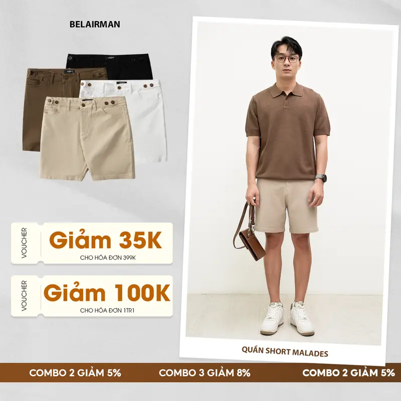 Quần short nam kaki MALADES BELAIRMAN, khóa kéo, sidetab thông minh, vải kaki co giãn - QSKK0102 Menswear Có Túi 0