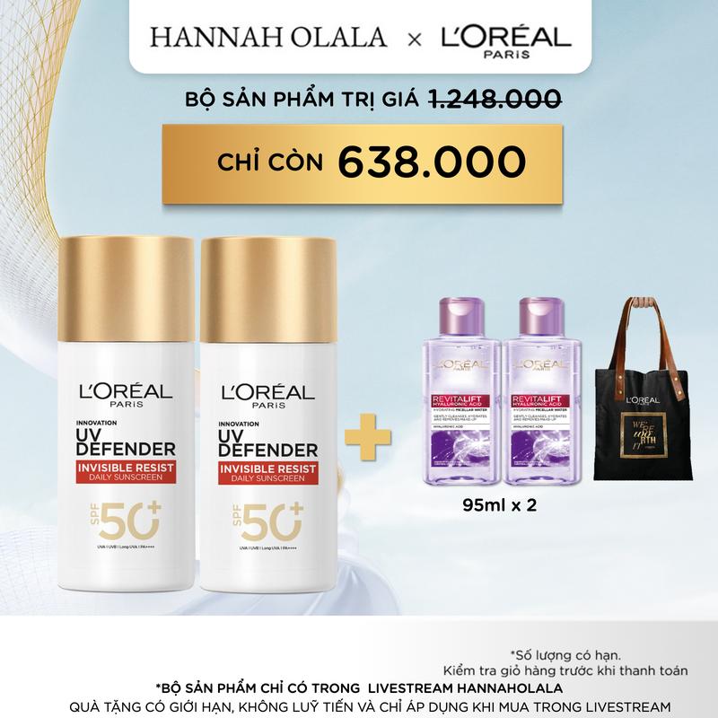 LOREAL x Hannah - Bộ 2 Sữa Chống Nắng Phổ Rộng Vô Hình Thoáng Da, Kháng Mọi Tác Động Uv Defender Invisible Resist L’oréal Paris 50ml Spf 50+ Pa++++ (50ml x 2)