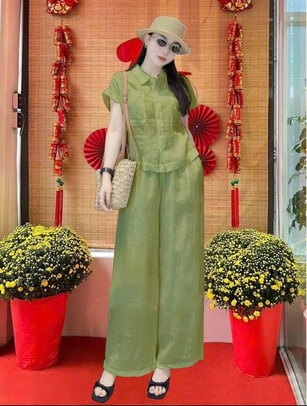 Bộ đũi nữ thiết kế mới – set đồ bộ hot trend dáng rộng thoải mái tôn dáng che bụng tốt – áo tay ngắn cổ sơ mi phối quần dài ống suông – chất đũi tơ mềm mát không nhăn lên form cực đỉnh
