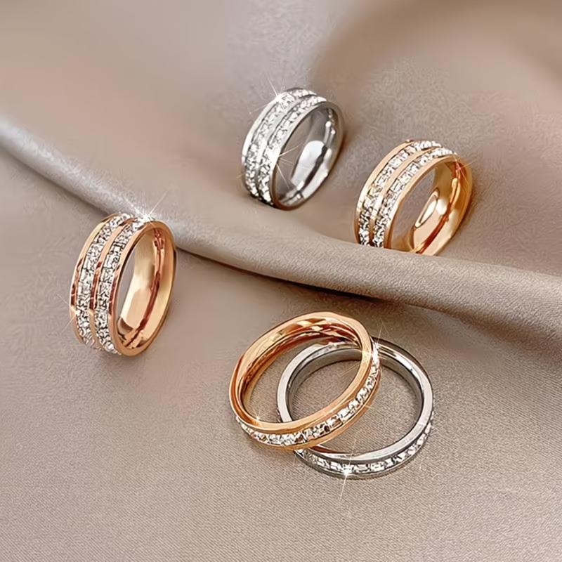 Nhẫn đôi phong cách starry sky bằng thép titan, đính đá zircon toàn bộ; nhẫn ngón áp cho nữ, phong cách cool ins.