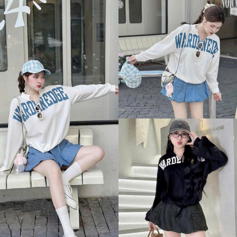 S844 SET 2 MÓN BIGSIZE ÁO SWEATER IN CHỮ + CHÂN VÁY JEAN TÁO ĐỎ BIGSIZE 55-90KG