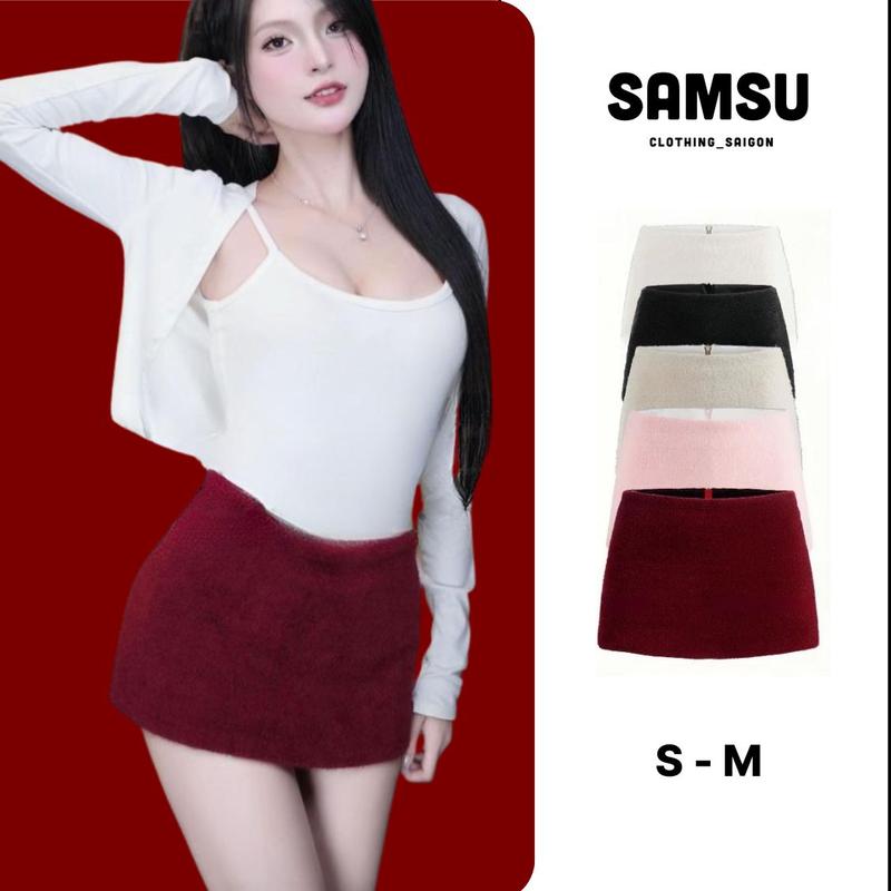   LƯNG KHÓA KÉO  Chân Váy Nữ Vải Lông Thỏ Phong Cách Y2K Chân Váy Nữ Chữ A Cạp Trễ Có Lót Trong Dáng Ngắn Y2K - Samsu.clothing_saigon 