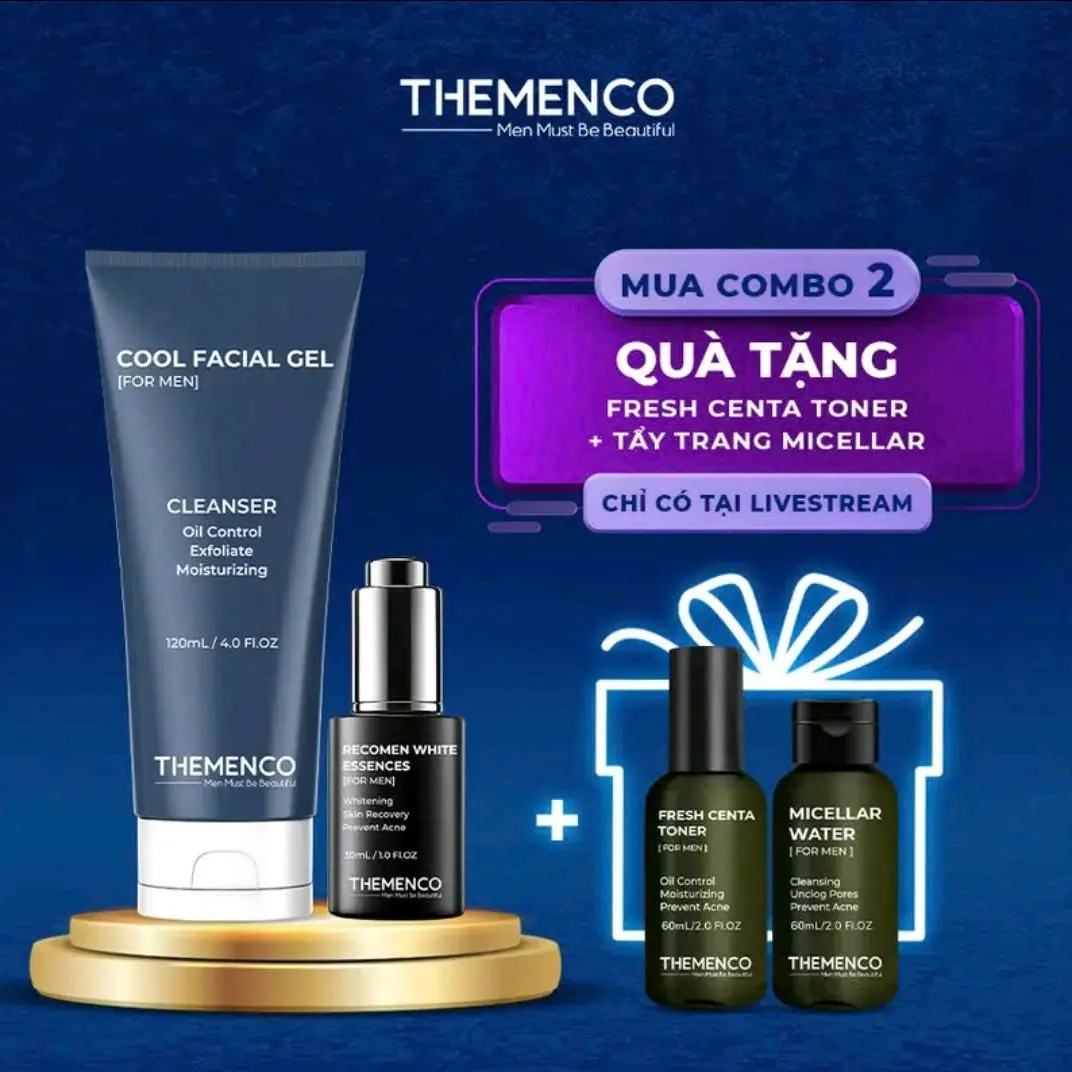 [TẶNG TONER 60ML + TẨY TRANG 60ML] Combo Hỗ Trợ Dưỡng Trắng, Hỗ Trợ Giúp Giảm Dầu Nhờn Cho Da The Menco, Tinh Chất Recomen White Essences 30ml và Sữa Rửa Mặt Cool Facial Gel 120ml