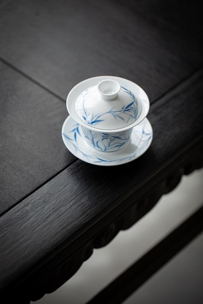 Product Introduction of Bamboo Sancai covered bowl hand-painted ceramic single large high-end Dehua white porcelain tea bowl Kung Fu tea set gift 28