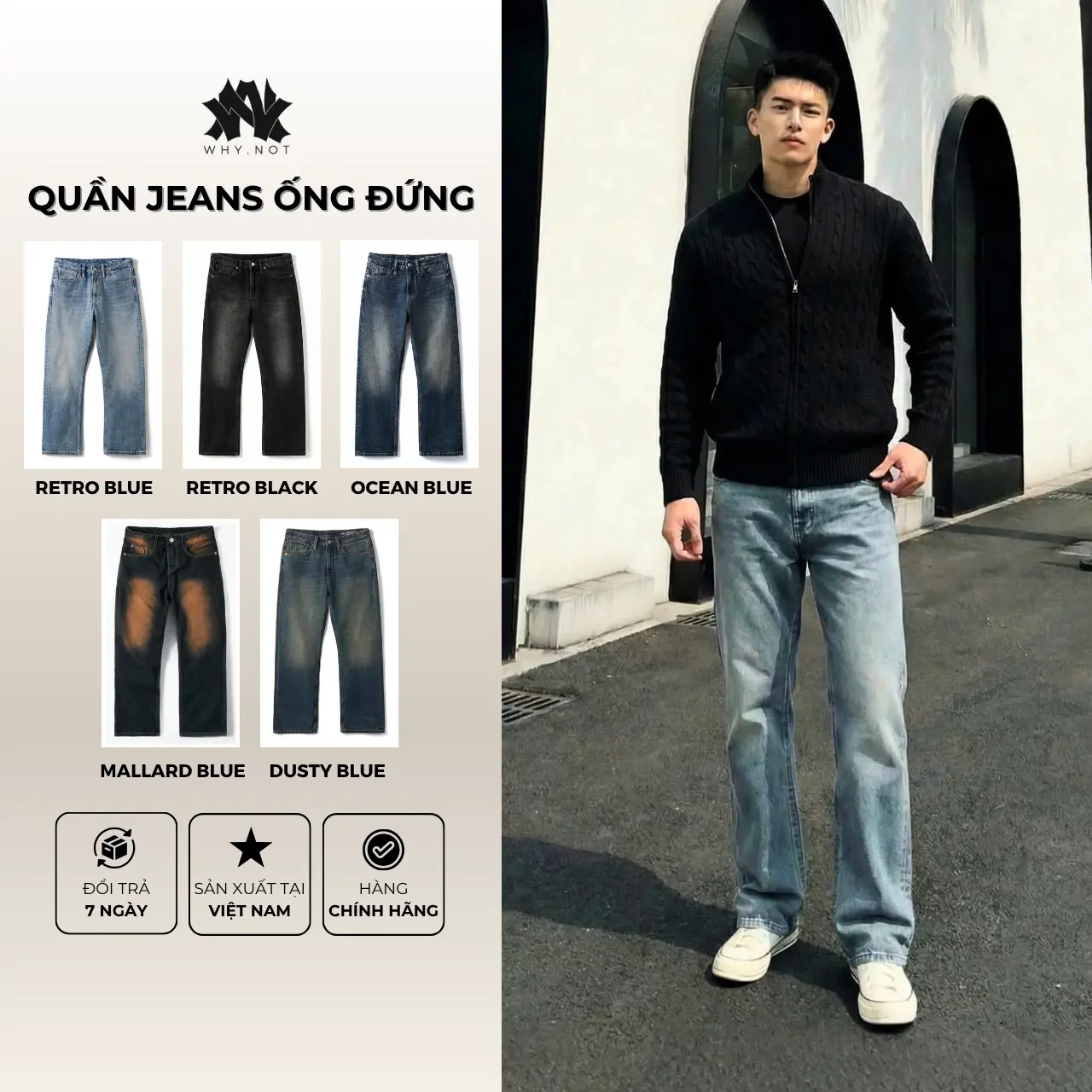 [WHY.NOT] Quần Jean Nam Ống Suông Rộng Màu Xanh Wash Phong Cách Retro Menswear Pants Phiên bản cao cấp Version 2 quần nam