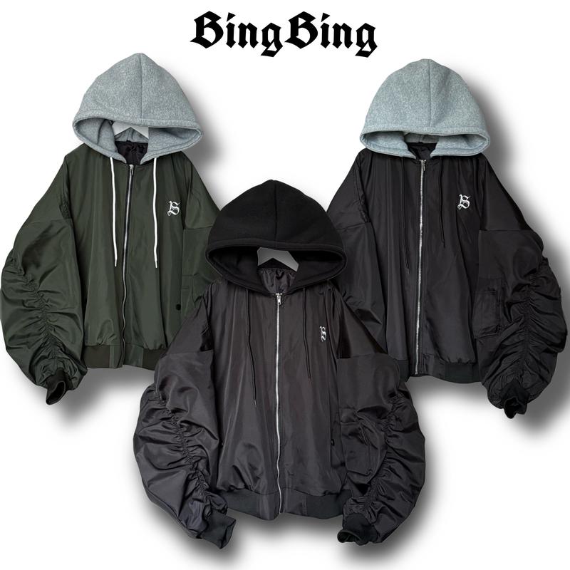 (Deal Mở Bán) BingBing - Áo Khoác Bomber Form Boxy Dù 2 Lớp Phối Nón Rộng Tay Nhún Menswears Streetstyle