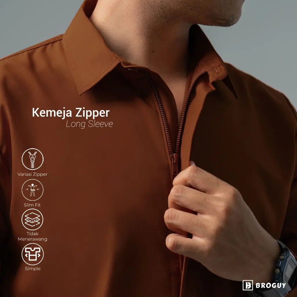 BROGUY Kemeja Zipper Pria Simple Lengan Panjang Slim Fit