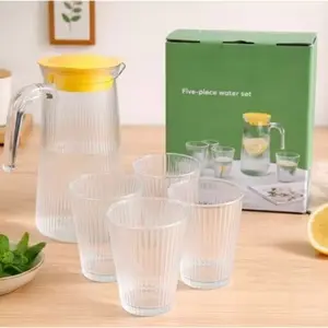 Set Teko Kaca FA041 5in1 | Set 5 in 1 Teko Pitcher Glass & 4 Gelas Ribbed Premium