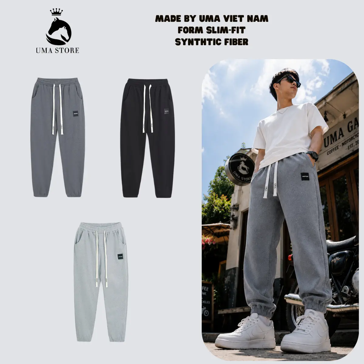 SET 3 QUẦN NỈ TĂM JOGGER U.M.A bo chun, có DÂY RÚT BẢN TO mác Vuông, hàng xuất dư năng động fom dáng thể thao, thanh lich, ấm áp, khỏe khoắn NEW Màu đen