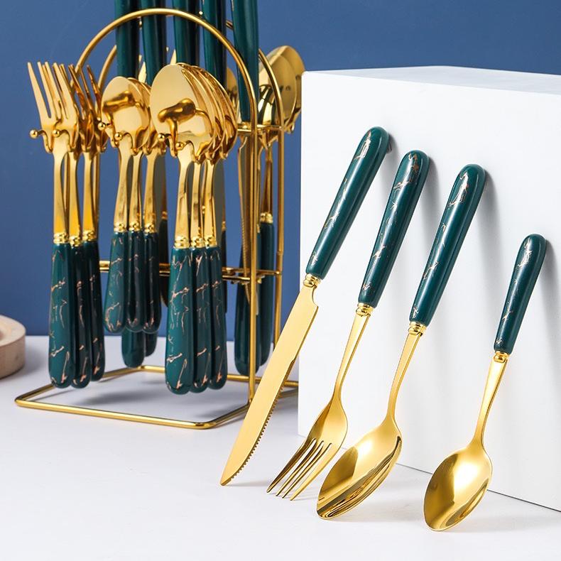 Product Introduction of COOKGLORY 24pcs Sendok Marble Set + Rak Sendok Sendok Gold Alat Makan Stainless Steel Sendok Garpu Pisau Set dengan Rak Gantung Cutlery Set Holder 10