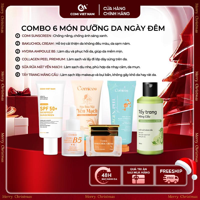   COMI VIETNAM  COMBO 6 CHĂM SÓC DA NGÀY VÀ ĐÊM: 1 Nước Tẩy Trang Mãng Cầu 200ml + 1 Sữa Rửa Mặt Yến Mạch 100ml + 1 Peel Collagen 4K 75ml + 1 Serum B5 HA 20ml + 1 Kem Face Huyết Yến Bakuchiol 20g + 1 Kem Chống Nắng SPF 50+ 50ml 