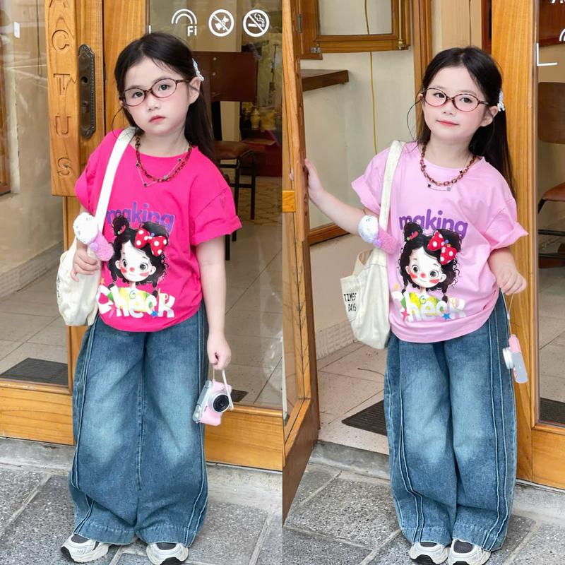 Phúc Anh Kids - Bộ Quần Jean Dài Dáng Xuông Màu Xanh & Áo Phông In Hình Cô Gái Dễ Thương Cho Bé Gái ! A018