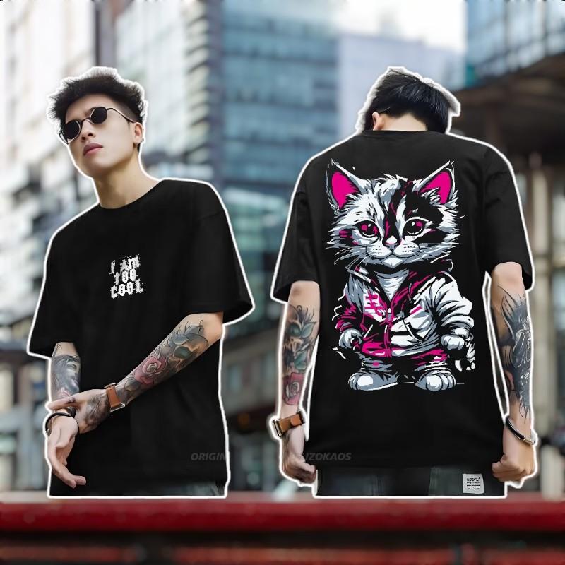 Product Introduction of Kaos Distro Lengan pendek Pria dan wanita Motif sablon Iam too cool/ kucing  Cod Flash sale Katun combed Lokal Lembut 2
