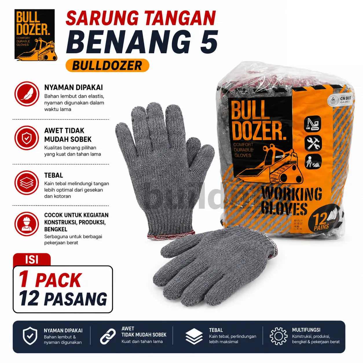 SARUNG TANGAN BENANG 5 TEBAL BULLDOZER ISI 12 PASANG