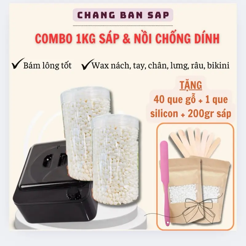 COMBO 1KG Sáp Waxing + Nồi Chống Dính TẶNG 200gr Sáp + Que Silicon