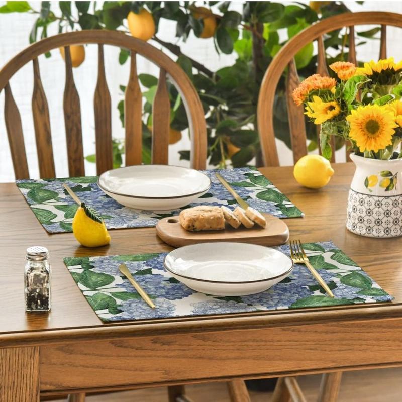 Dining Table Hydrangea Pattern Linen Placemat Heat Resistant Anti Slip Table Mat Oil Proof Rustic Tableware Pad Table Decoration 6