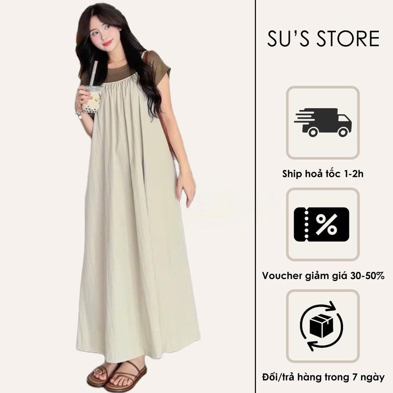 Set Yếm Nữ Bigsize Susstore Dáng Dài 2 Dây Kèm Áo Thun S718 – Phong Cách Vintage Tiểu Thư Hàn Quốc Dễ Thương
