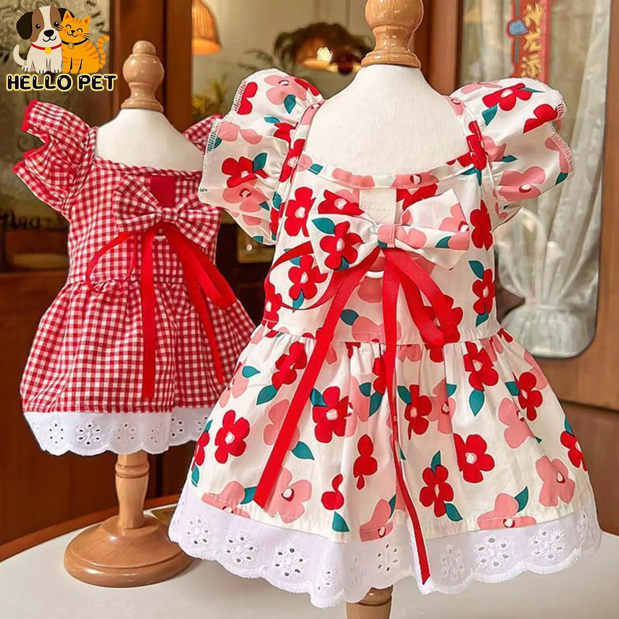 Pet clothes flying sleeve tricolor dress Spring and summer teddy bear corgi dog cat clothing wholesale